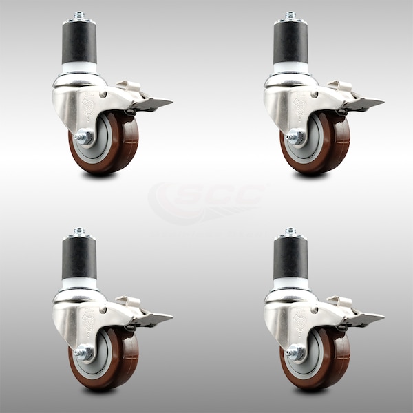Service Caster 3.5 Inch 316SS Maroon Poly Swivel 1-7/8 Inch Stem Caster Set Lock Brake SCC SCC-SS316TTLEX20S3514-PPUB-MRN-178-4 - main